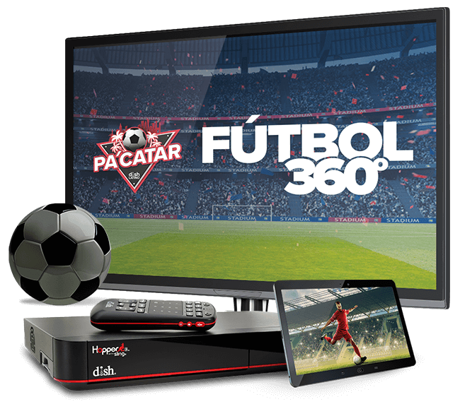 Una pelota de futbol y un tv, y una tableta con DishLATINO