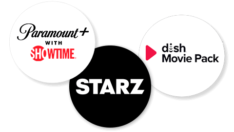 Logos de Paramount+ with SHOWTIME, Starz, y DISH Movie Pack