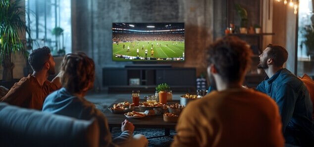 A group of people in the living room watching sports on TV